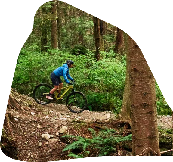 A person riding a mountain bike on a forest trail